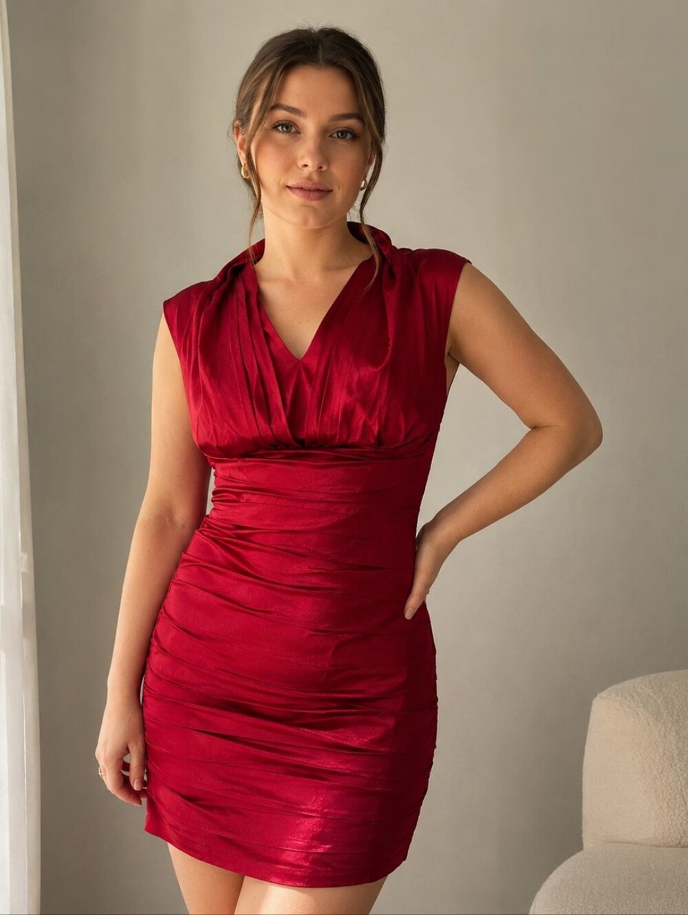 Express Red Satin Ruched Pleated Wedding Cocktail Holiday Party Mini Dress 2